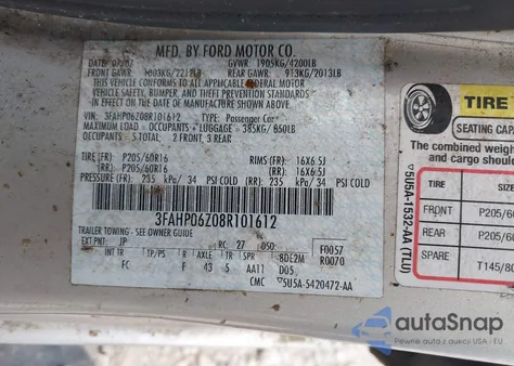 2008 Ford Fusion S from USA, damaged, VIN 3FAHP06Z08R101612